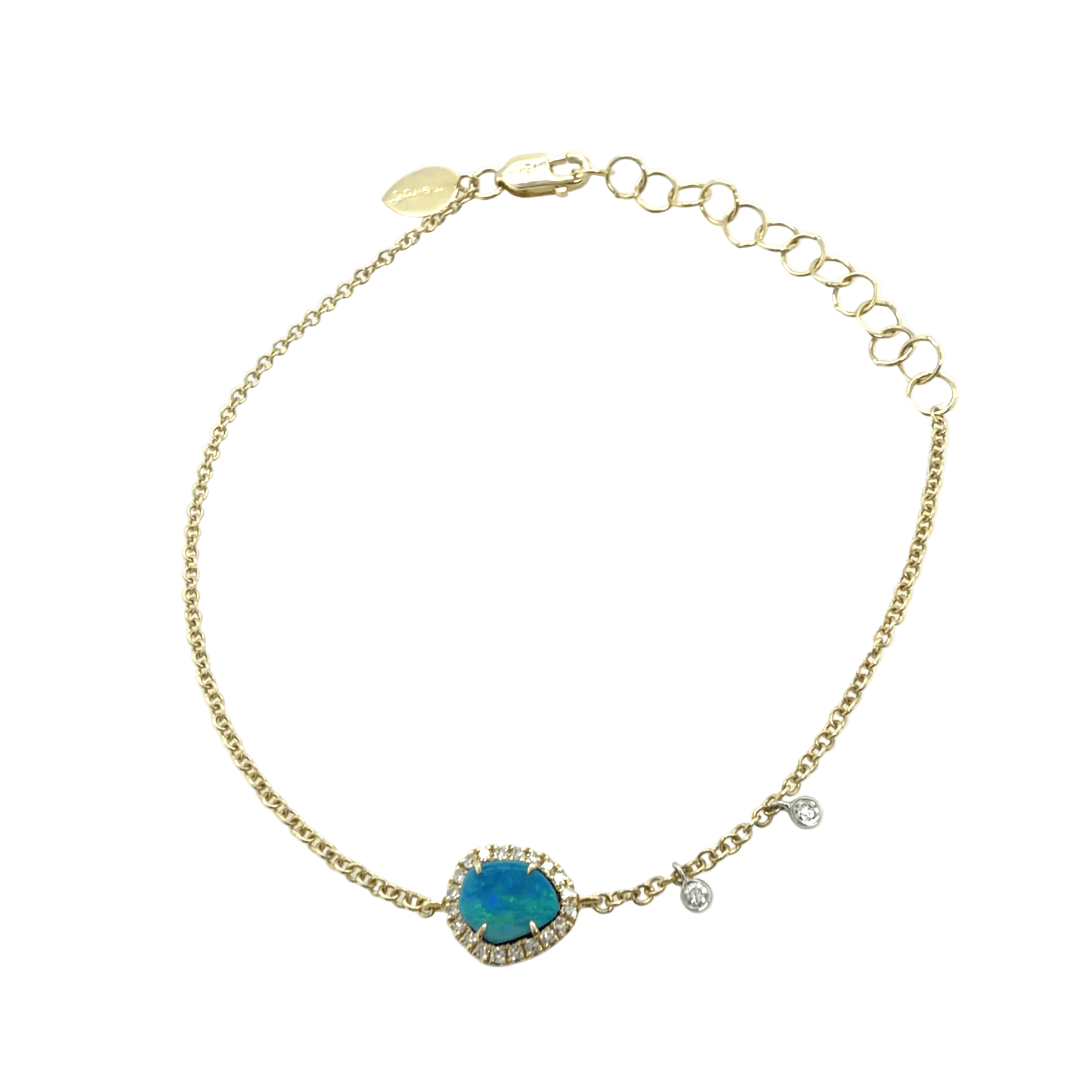 A delicate yellow gold chain bracelet by Meira T featuring a central oval blue opal surrounded by a diamonds, displayed on a clean white background at Lindy's Jewelry.