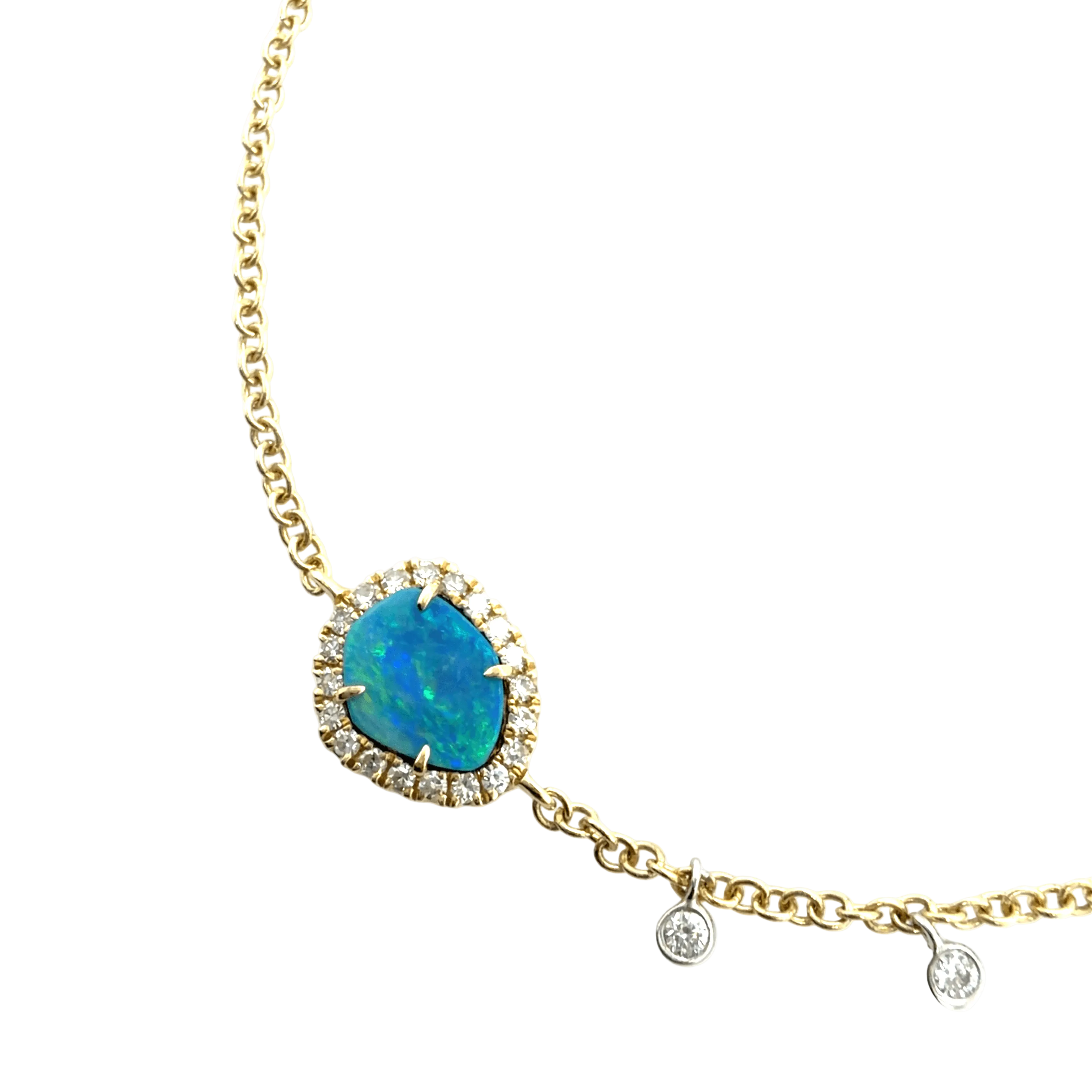 A delicate yellow gold chain bracelet by Meira T featuring a central oval blue opal surrounded by a diamonds, displayed on a clean white background at Lindy's Jewelry.