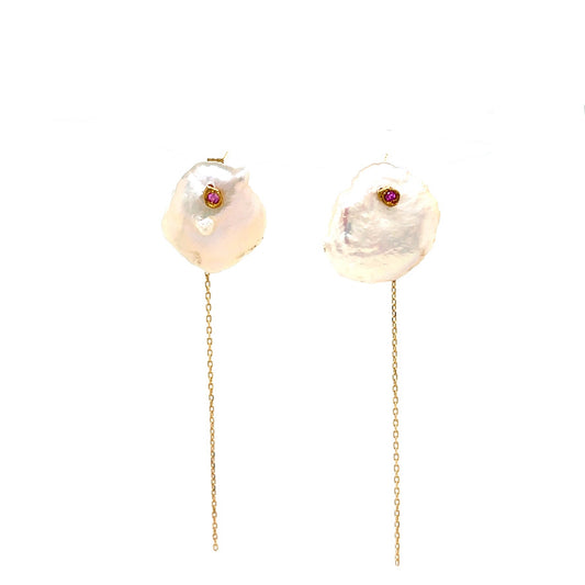 Monaka 18KT Keshi Pearl and Ruby Chain Earrings