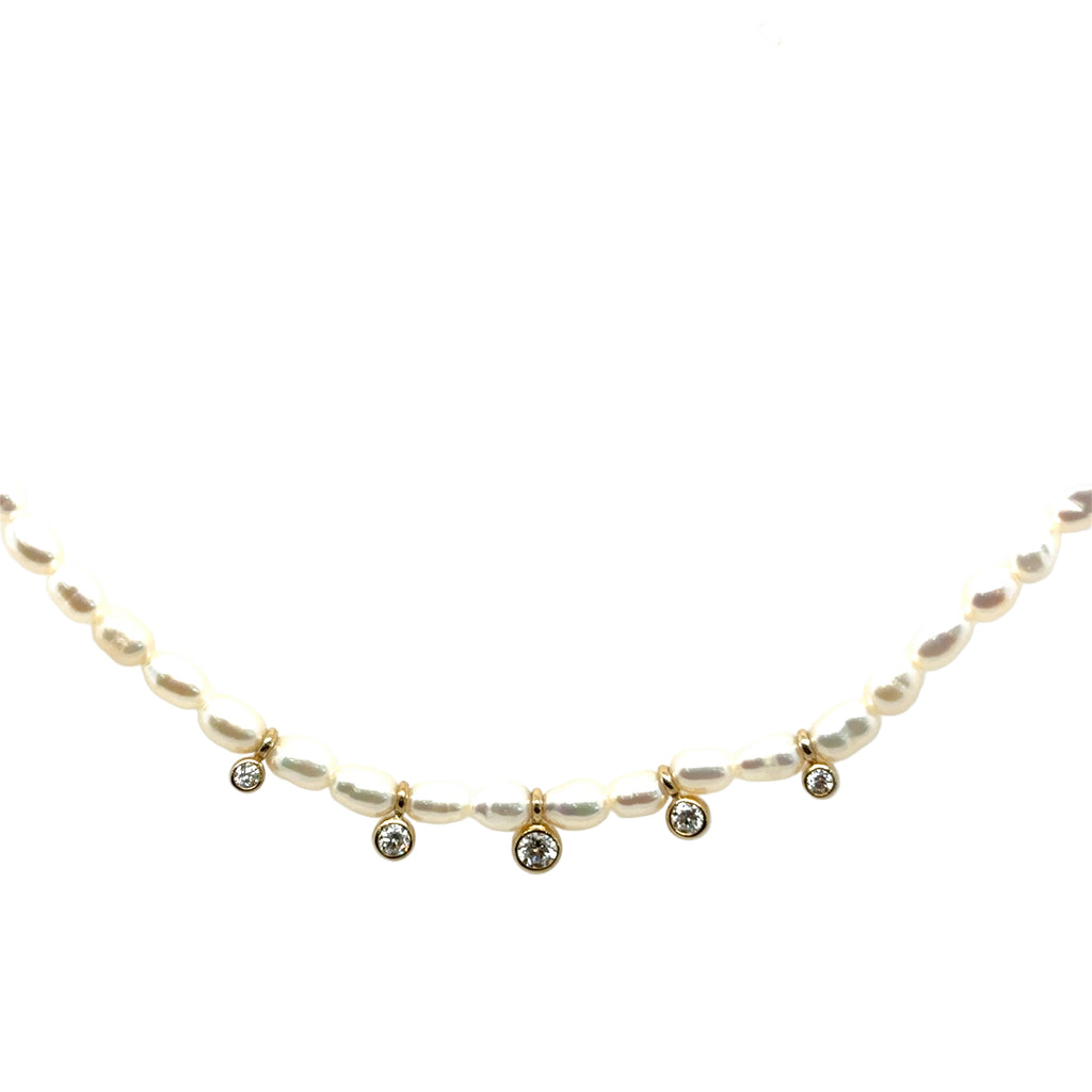 Zoë Chicco 14k Graduated Diamonds Bezel Rice Pearl Necklace