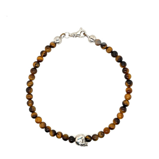 Maura Green Sterling Silver Tiger's Eye Bead Skull Bracelet