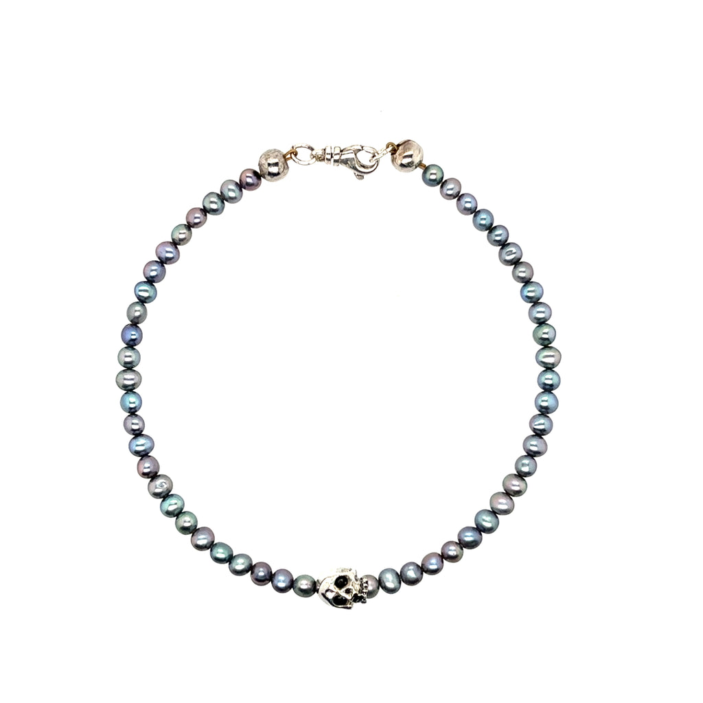 Maura Green Sterling Silver Gray Pearl Skull Bracelet