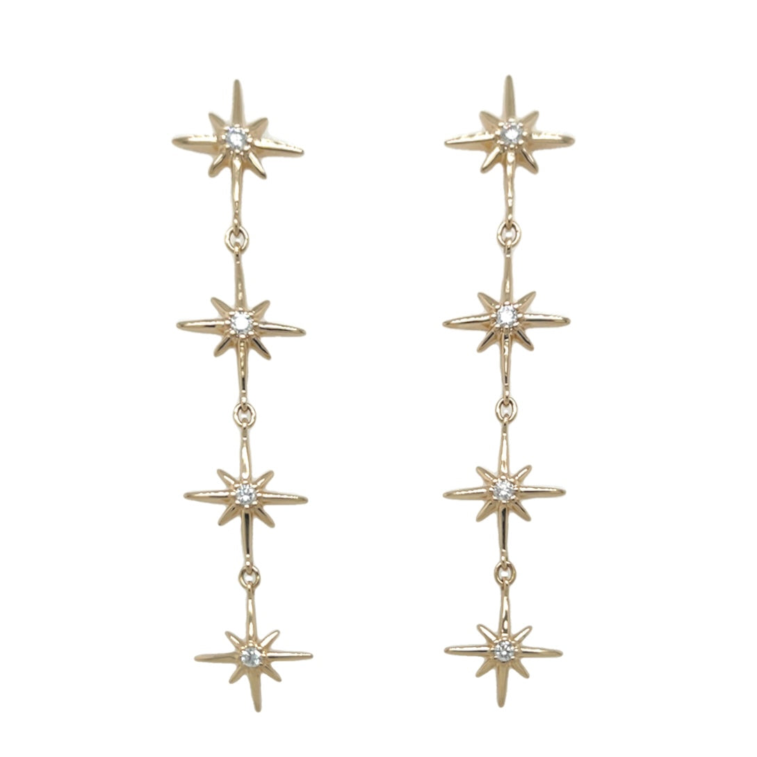 14K Yellow Gold Four-Star Diamond Drop Earrings