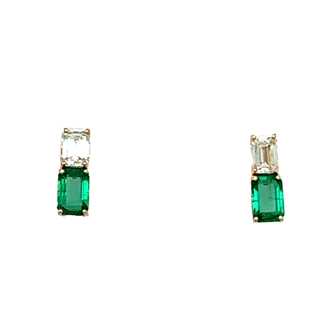 Emerald Cut Diamond and Emerald Studs