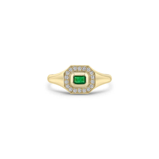 Zoë Chicco 14kt Gold Emerald Cut Emerald Diamond Halo Signet Ring
