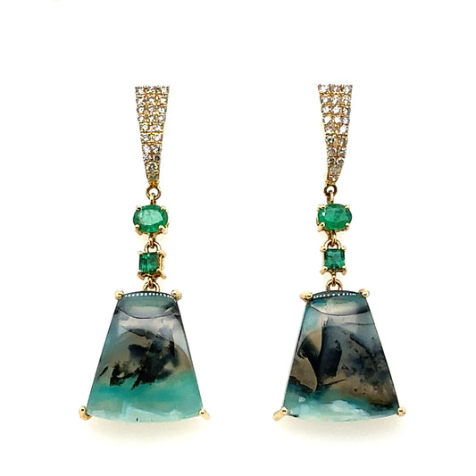 14k Unique Statements Earrings with Emeralds, Diamonds, and Opalized Petrified Wood