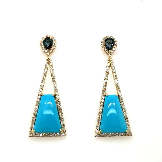 14k Turquoise, Sapphire, and Diamond Drop Earrings