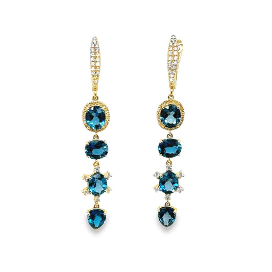 14k Blue Topaz and Diamond Drop Statement Earrings