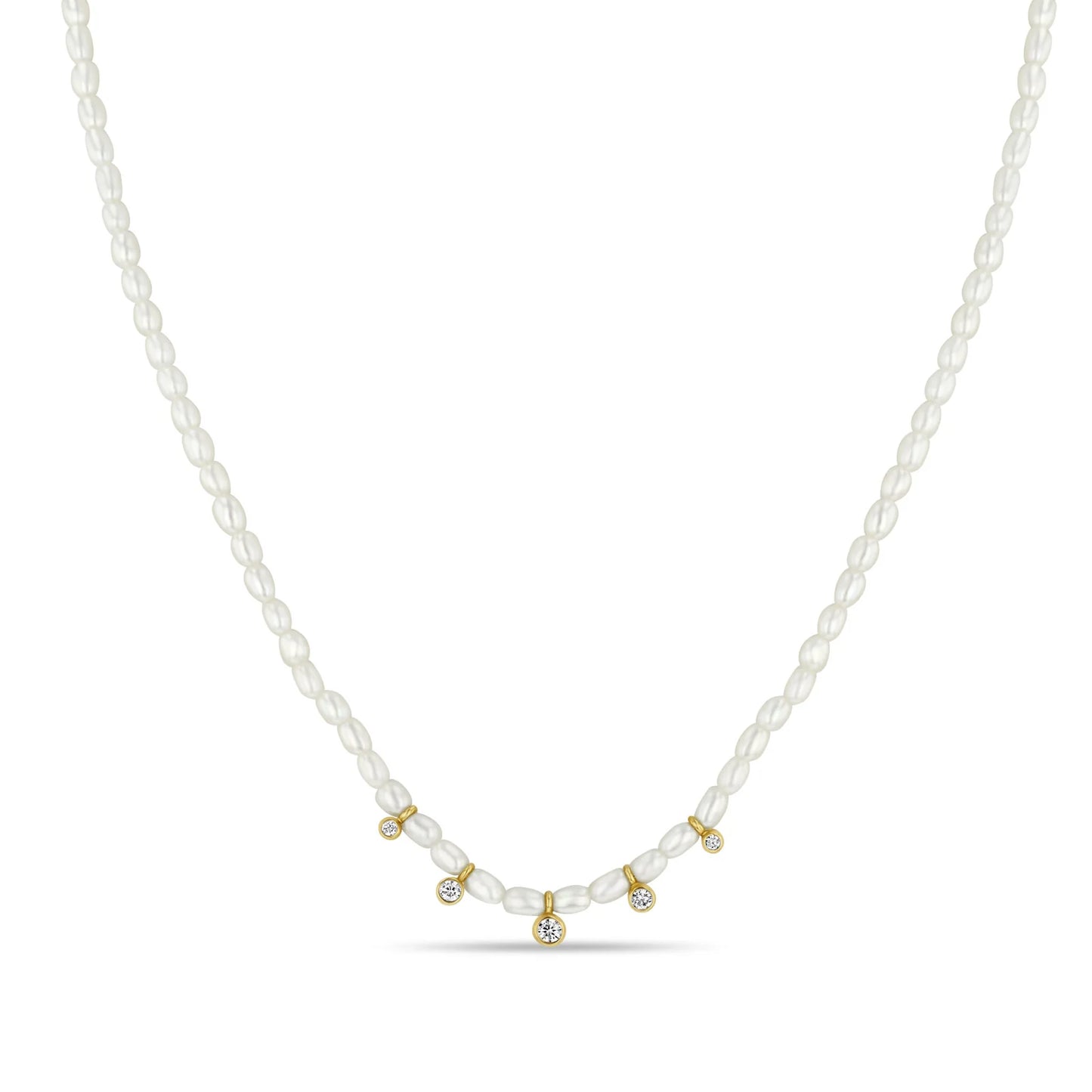 Zoë Chicco 14k Graduated Diamond Bezel Rice Pearl Necklace