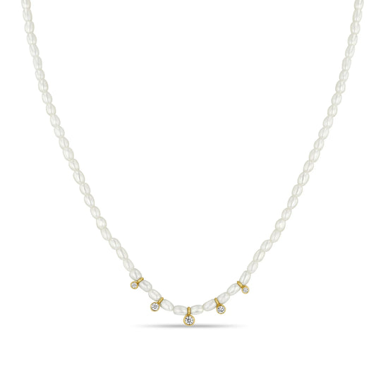 Zoë Chicco 14k Graduated Diamond Bezel Rice Pearl Necklace