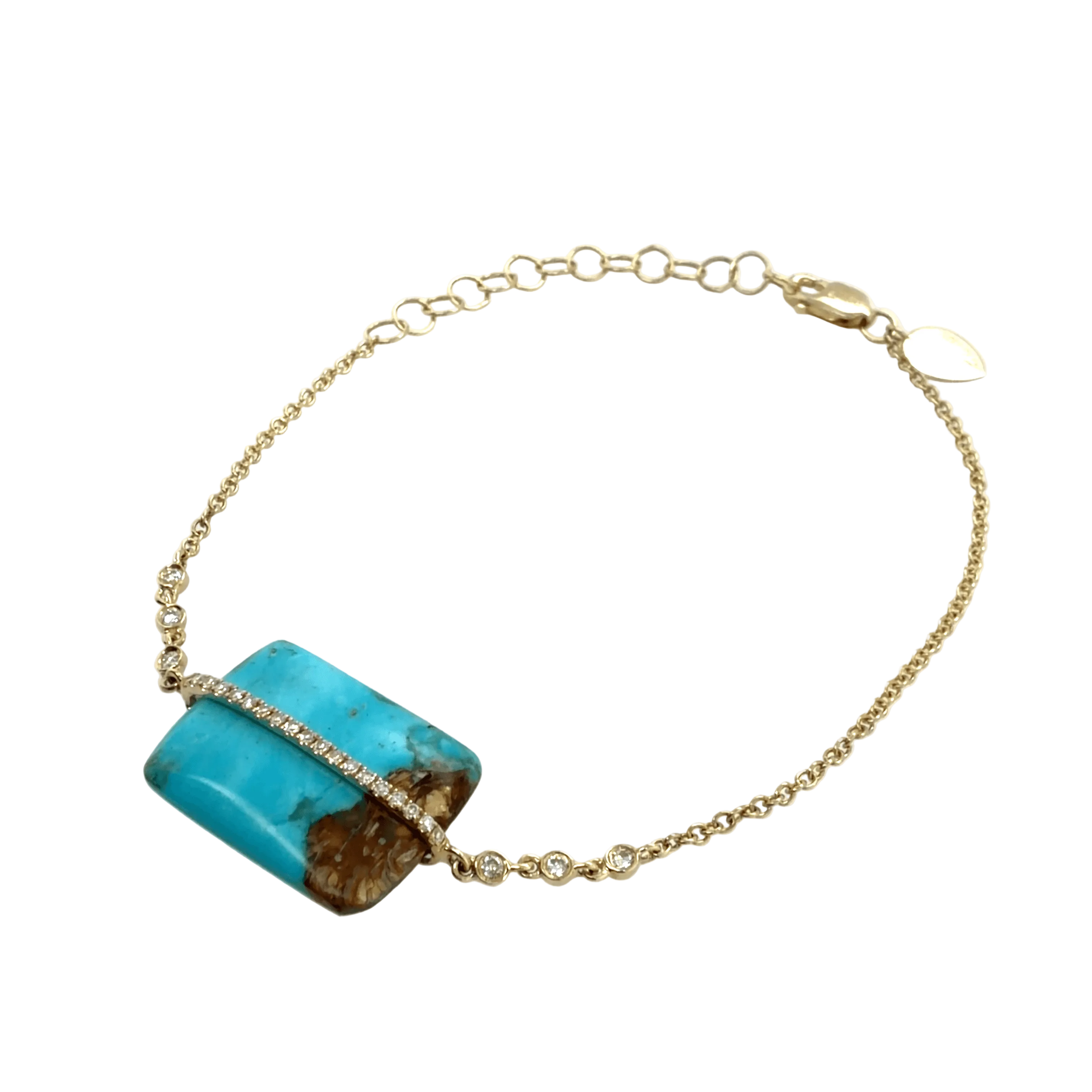A gold chain bracelet featuring a rectangular turquoise stone with natural brown inclusions, accented by a row of diamonds, shown on a white background.