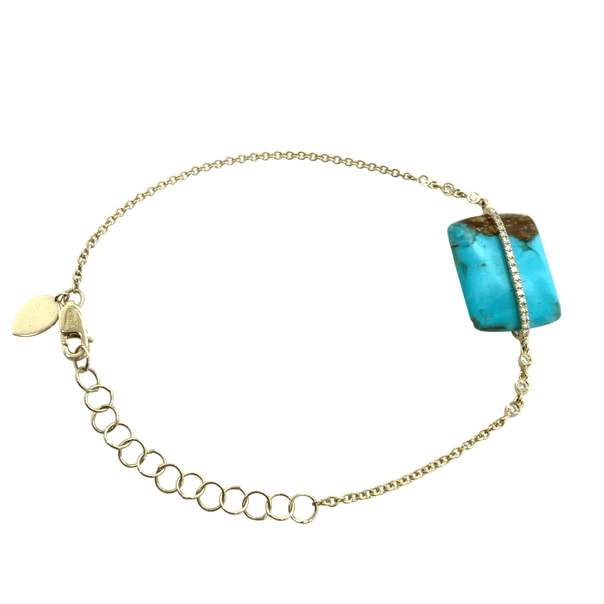A gold chain bracelet featuring a rectangular turquoise stone with natural brown inclusions, accented by a row of diamonds, shown on a white background.