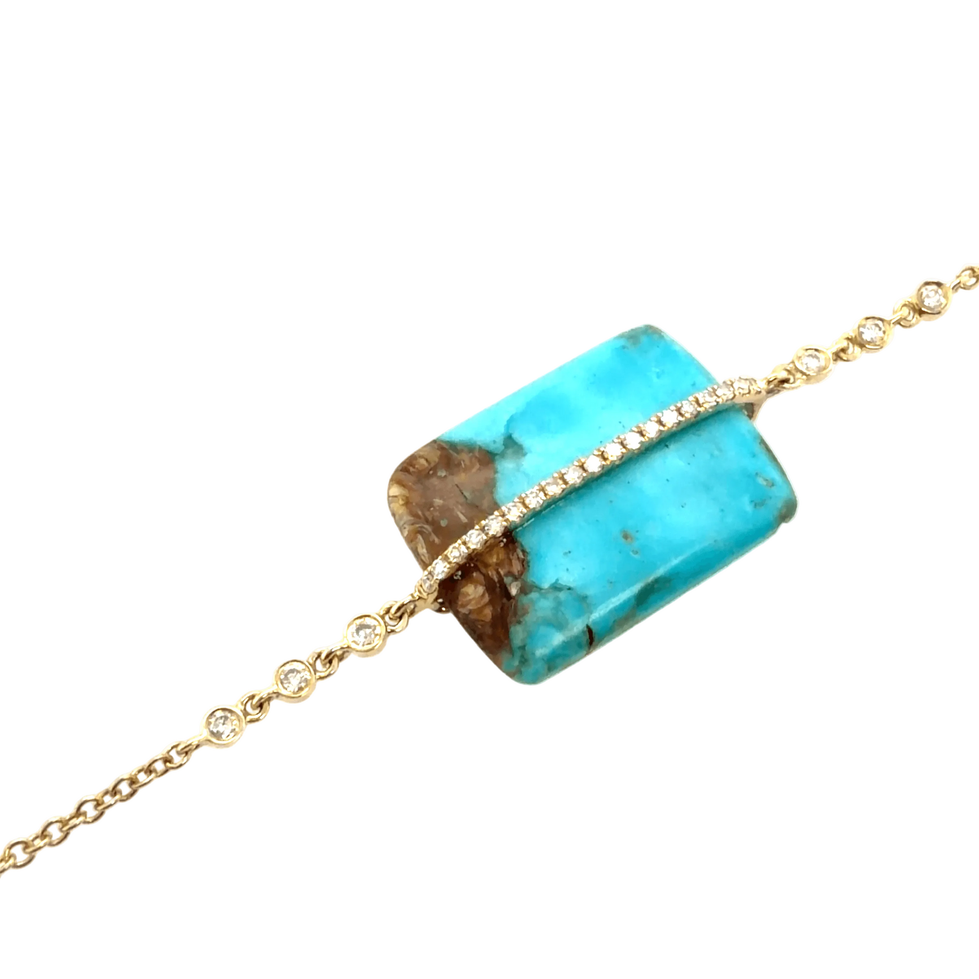 A gold chain bracelet featuring a rectangular turquoise stone with natural brown inclusions, accented by a row of diamonds, shown on a white background.