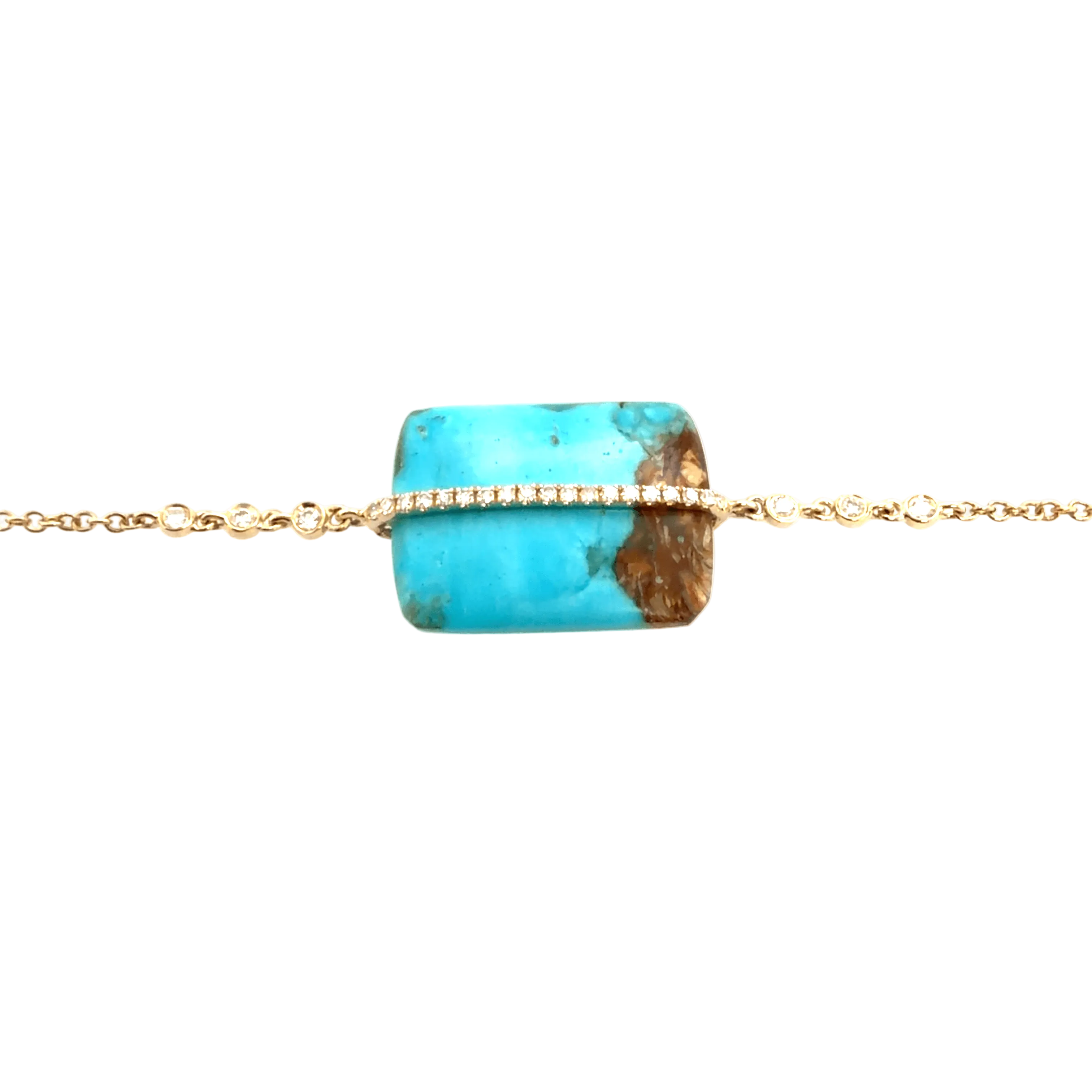 A gold chain bracelet by Meira T featuring a rectangular turquoise stone with natural brown matrix, wrapped horizontally by a thin gold band of small clear stones.