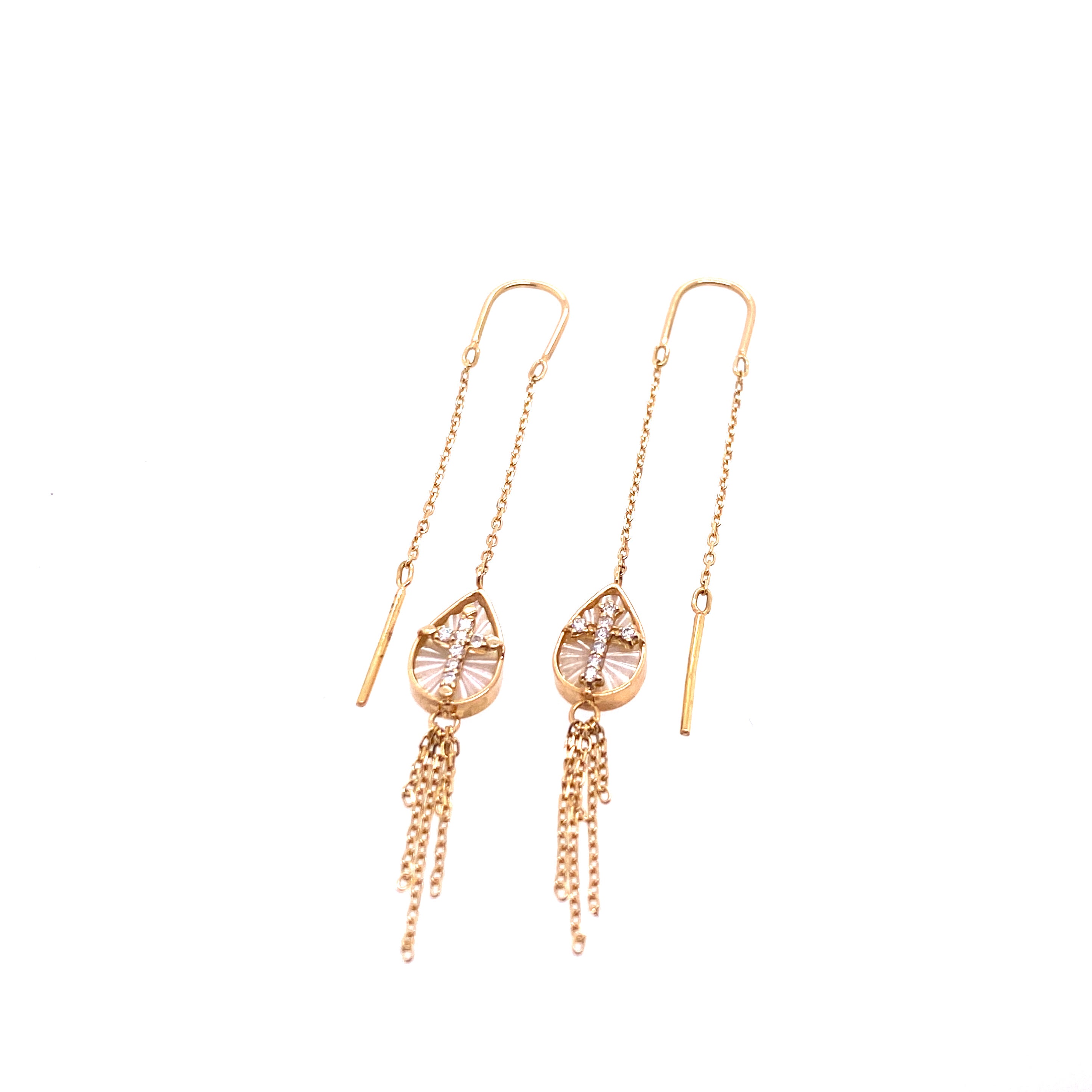 Perry De La Rosa 18kt Yellow Gold Mother of Pearl and Diamond Cross Threader Earrings