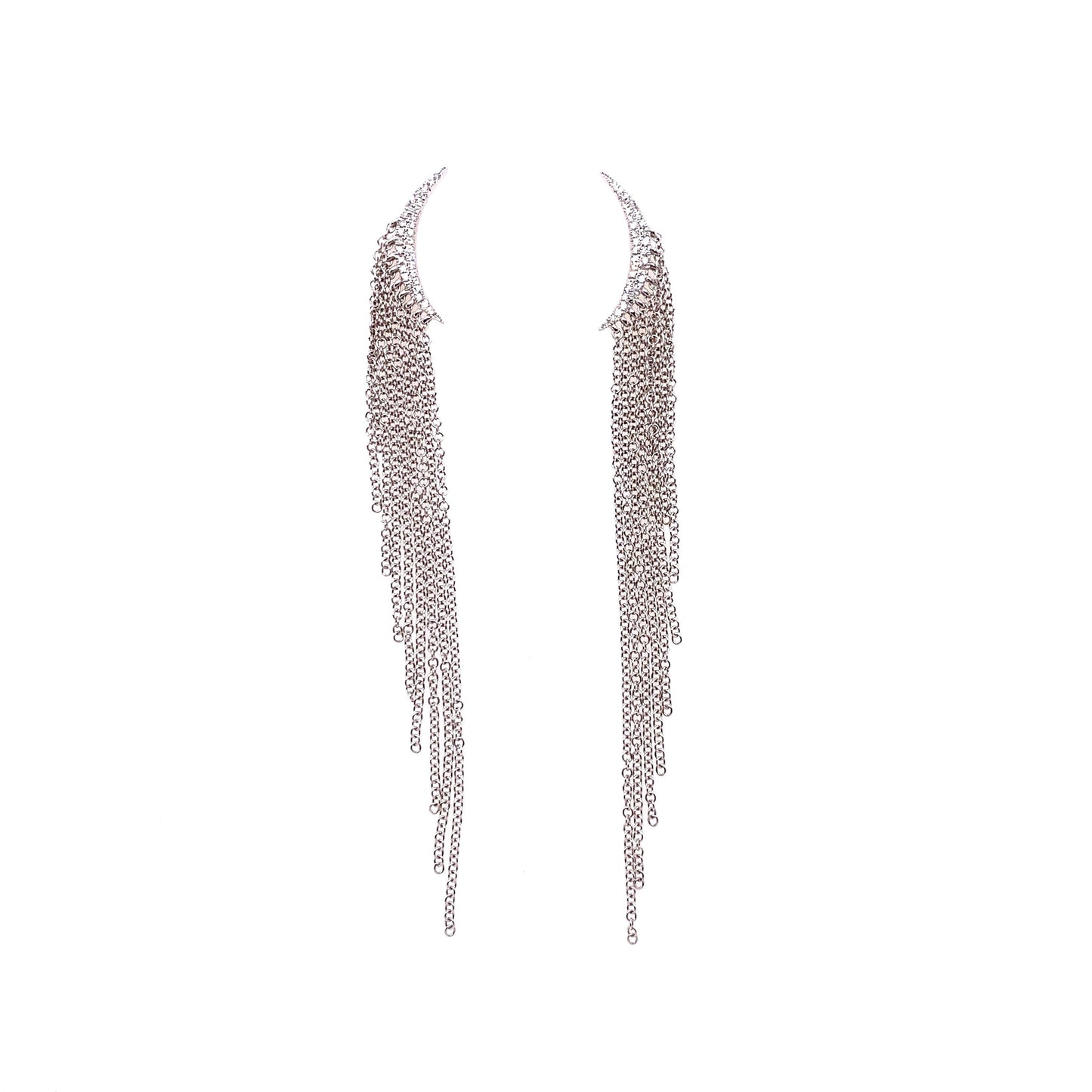 14kt White Gold Diamond Crawler & Chain Fringe Stud Earrings