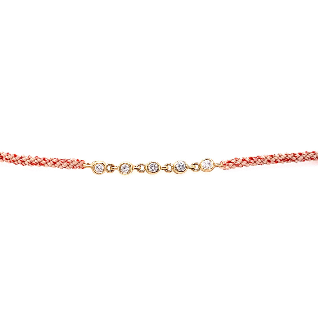 Scosha 14kt Yellow Gold Five Diamond Bezel Pink Cord Bracelet