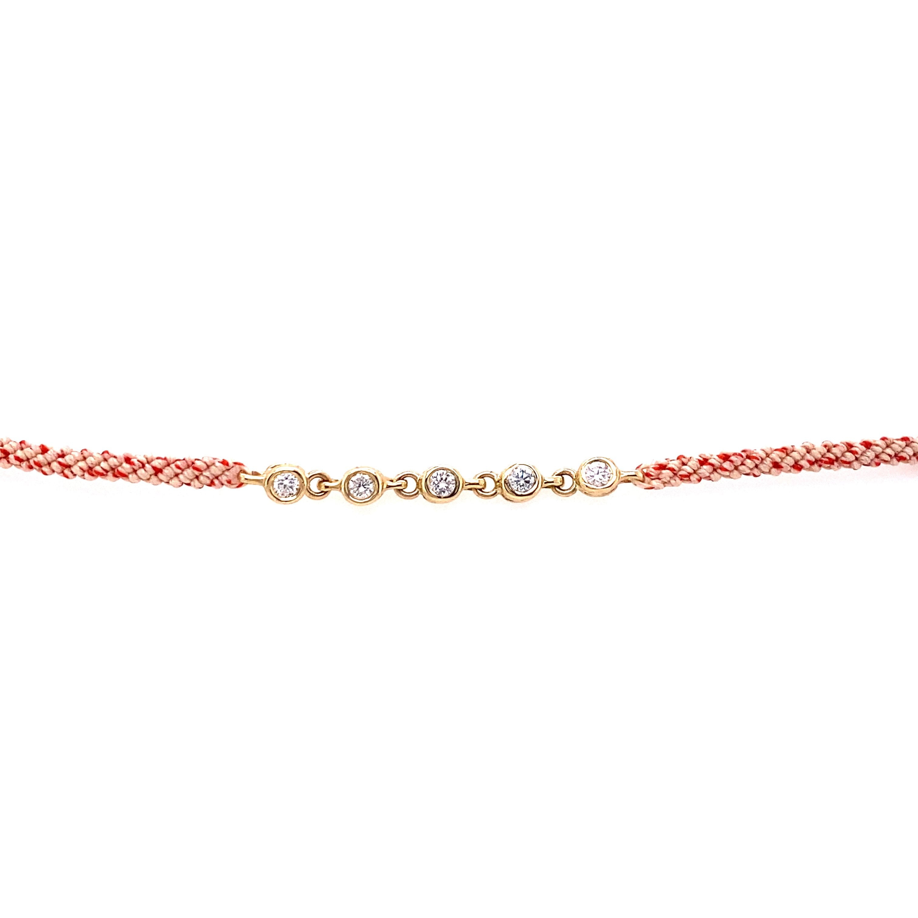 Scosha 14kt Yellow Gold Five Diamond Bezel Pink Cord Bracelet