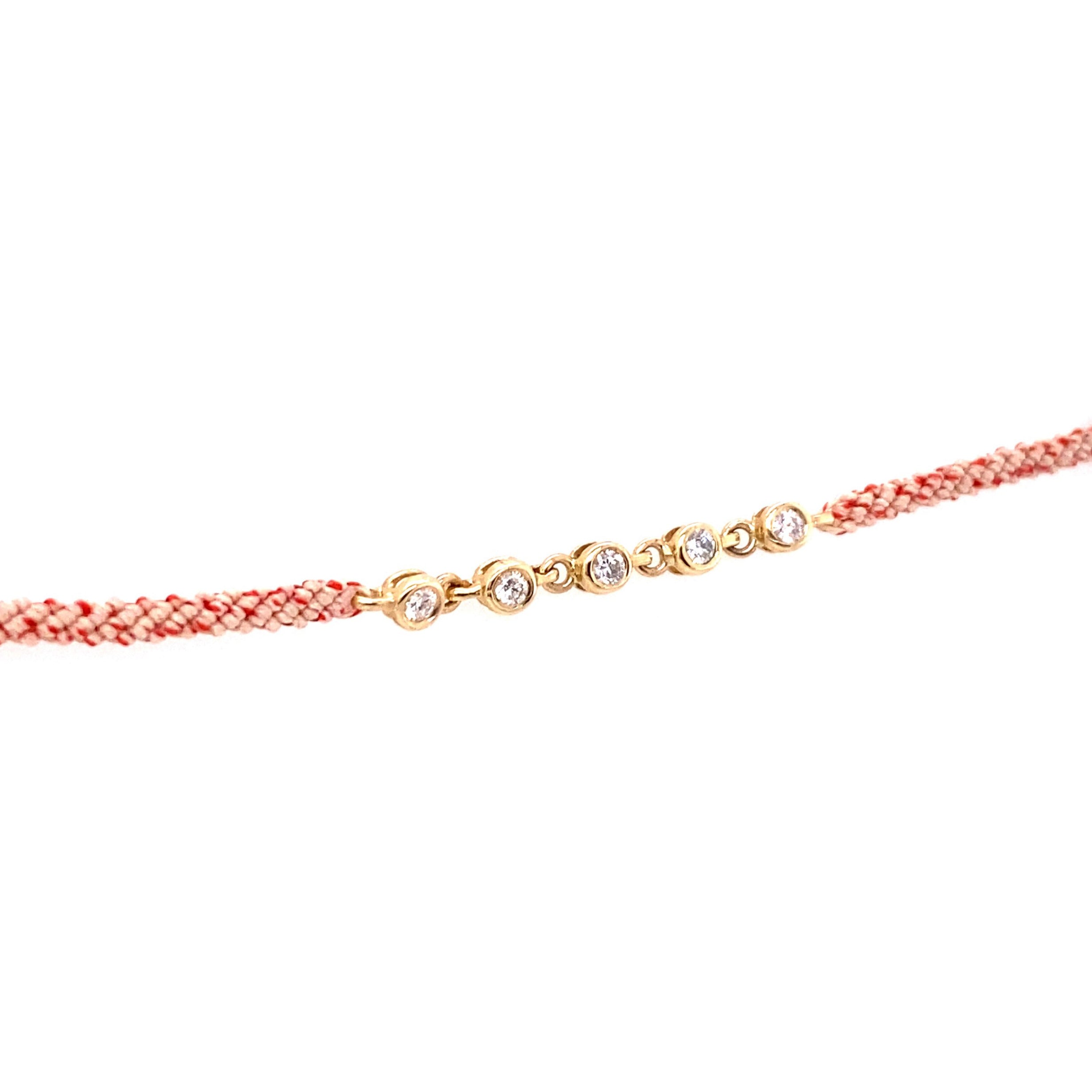 Scosha 14kt Yellow Gold Five Diamond Bezel Pink Cord Bracelet