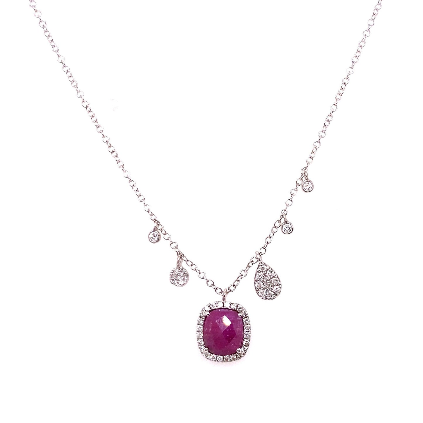 Meira T 14kt White Gold Cushion Ruby and Diamond Halo Charm Necklace