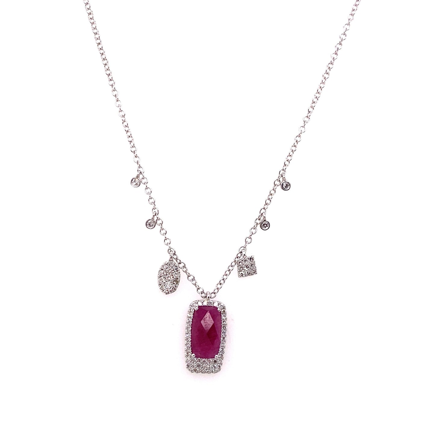 Meira T 14kt White Gold Rectangle Ruby and Diamond Charm Necklace